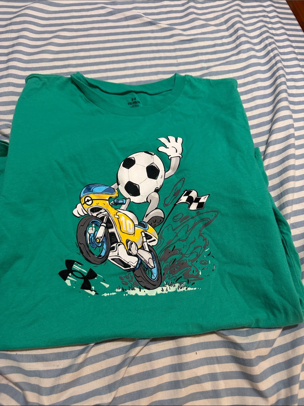 Under Armour Green Tee with Yellow Motorcycle & Soccer Ball Graphic